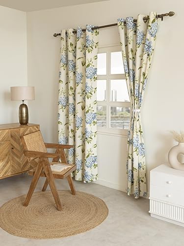 Image of THE LINEN COMPANY Duck Canvas Printed Curtains 5 Feet for Window, Floral Pattern Window Drapes, 5ft Set of 2, Flower Heaven Blue
