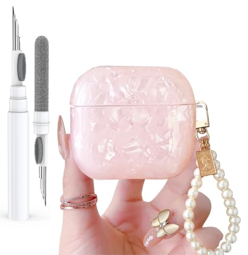 Olytop for Cute Glitter Airpods 4 Case 2024 with Cleaner Pen, Shell Pattern Apple Airpods iPod 4th Generation Case Cover Protective Skin Girl Women with Luxury Pearl Keychain, Pink