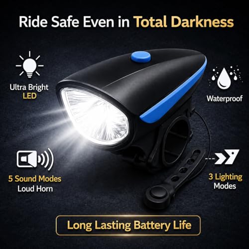 Image of PulGos Rechargeable Cycle Light for Bicycle with 𝟏𝟒𝟎𝐝𝐁 Horn (𝟓 Sound Modes), Bright LED Cycle Headlight(𝟑 𝐋𝐢𝐠𝐡𝐭 𝐌𝐨𝐝𝐞), Up to 𝟒𝟖 𝐡𝐫𝐬 𝐁𝐚𝐭𝐭𝐞𝐫𝐲 𝐥𝐢𝐟𝐞, Ideal for Night Riding