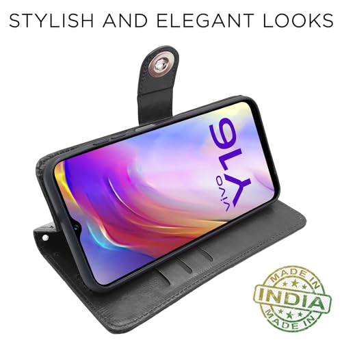 Image of Pikkme Vivo Y16 Flip Cover Leather Finish | Inside TPU with Card Pockets | Wallet Stand and Shock Proof | Complete Protection Button Flip Case (Black)