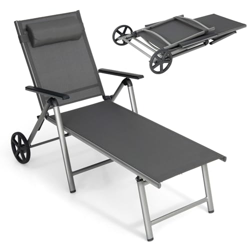 KOMFOTTEU Gartenliege mit Rollen, Klappliege aus Aluminium, Liegestuhl mit 7-Fach Verstellbarer Rückenlehne, Sonnenliege mit Abnehmbarer Kopfstütze für Strand, Pool