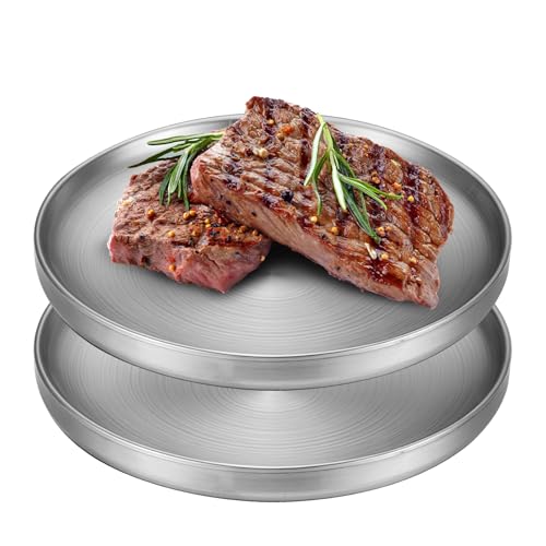 LEKEFETO 2 platos de acero inoxidable: Φ 23 cm, platos redondos de doble pared, platos de acero inoxidable, platos de desayuno, platos para cocina, fiestas, camping, picnic, senderismo, par