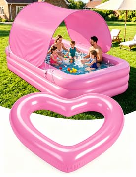 MoKo Inflatable Swimming Pool with Canopy, Large Blow Up Pool with Shade for Adults Kids Kiddie Toddler, 102" × 65" × 23" Big Foldable Family Above Ground Pools for Backyard Garden, Rose Gold