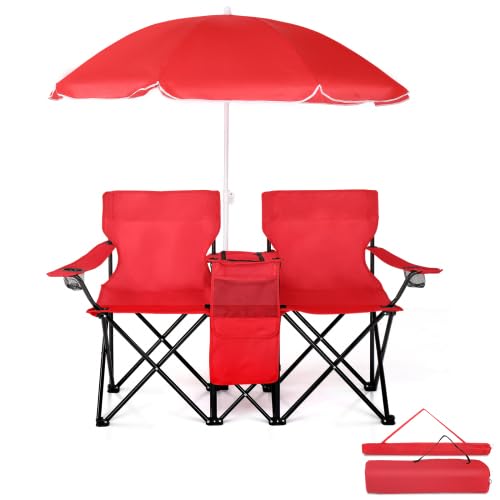 GODECOR Camping Chairs, Folding Double Chair with Removable Umbrella, Cup Holders, Cooler Bag, Side Pocket & Carry Bag, for Beach, Outdoor, Sports,