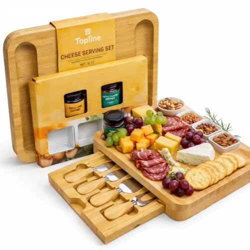 Cheese Board Gift Set with Knives & Dipping Bowls Large Charcuterie Platter with Flavoured Chutneys Dad Birthday Housewarming & Easter Gifts