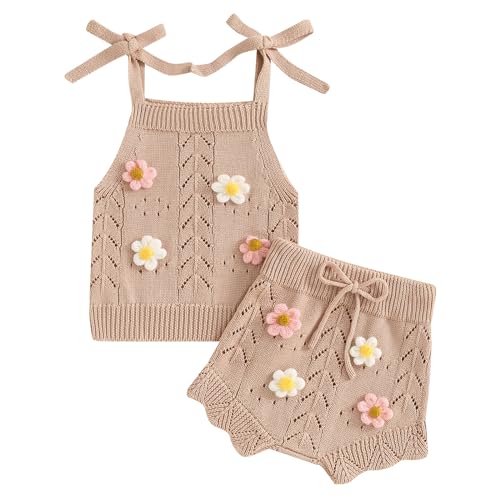 Image of Doisbetthsay Toddler Girl Fall Outfits Knit Baby Clothes Tie-up Camisole With Elastic Waist Shorts 2 Pcs Clothing Set