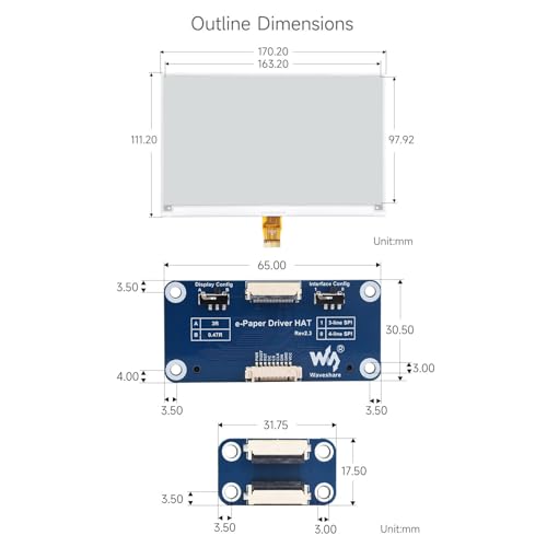 Waveshare 7.5 inch E-Paper Display Hat V2 for Home Assistant & ESPHome Projects 800x480 3.3v/5v E-Ink Electronic Screen with Embedded Controller SPI Interface for Raspberry Pi/Jetson Nano/STM32