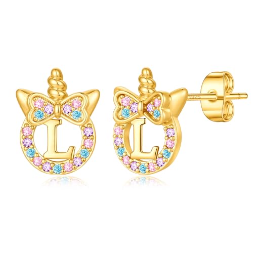 TINGN Boucles d'oreilles licorne pour filles Cadeaux - Hypoallergénique Argent 925 Boucles d'oreilles zircones arc-en-ciel colorées avec lettres en or...