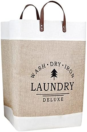 AMZTOP Linen Clothes Hamper Patchwork Collapsible Laundry Basket with Leather Handles for Storage Toys and Clothing in Bedroom, Bathroom Foldable Laundry Hamper 68L