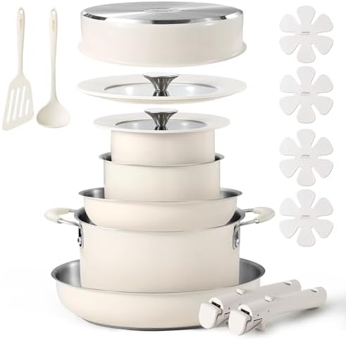 CAROTE 16Pcs Stainless Steel Cookware Set With Detachable/Removeble Handle Set, Space Saving Pots and Pans Set, RV Camping Set, Outer Ceramic Layer Nonstick, Dishwasher/Oven Safe, Kitchen Cooking Set