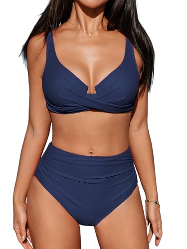 CUPSHE Women's Bikini Sets High Waisted Swimsuit Underwire Adjustable Straps Twisted Hook Full Coverage Bottom