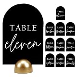 Hanna Roberts Modern Cursive Table Number Black Card Stock Half Circle Signs with Round Stand for Wedding Reception, Restaurant, Event Party, 4" x 6" (Gold, Set of 10, Numbers 11-20)