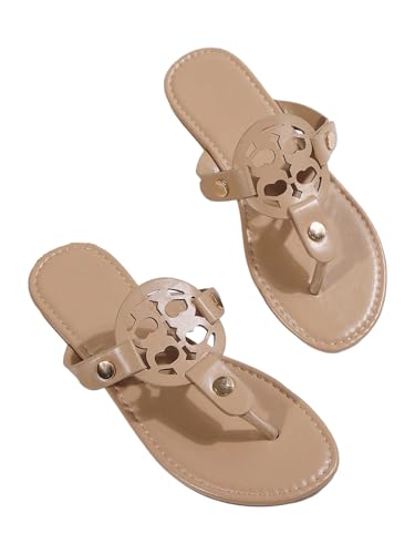 GORGLITTER Women's Leather Flat Flip Flops Sandals Open Toe Cut Out Studded Slide Shoes