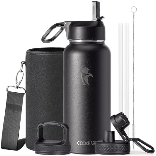 Image of Coolflask 32 oz Water Bottle Insulated with Straw & 3 Leakproof Lids