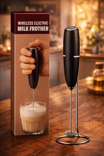 Image of DERIKO Powerful Milk Frother for Coffee, Battery Operated Electric Foam Maker with Stainless Steel Whisk, Handheld Drink Mixer with Stand for Cappuccino, Latte, Hot Chocolate (Black)