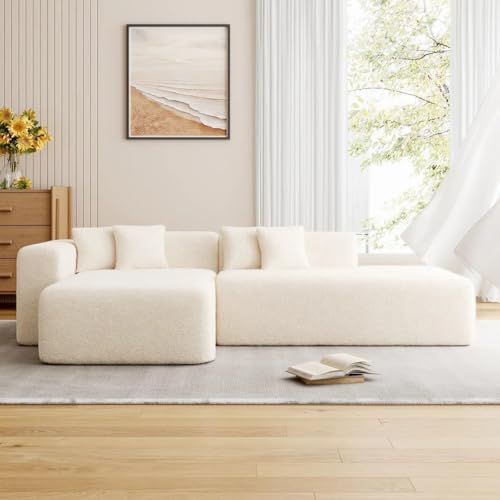 Image of Modern Classic L Shape Sectional Sofa Set, Chesterfield Style 4 Seater Sofa Set with Pillows for Living Room, Bedroom and Office and Hallway Colour (Beige L-S)