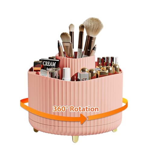 Veki Organizador de Maquillaje Giratorio 360°, Organizador Brochas de Maquillaje Multifuncional, Caja de Almacenamiento Cosmético, Almacenaje Cosméticos para Tocador, Dormitorio, Baño (Rosa)