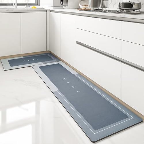KazyOn Kitchen Floor Mats 2 Piece Set Water Absorbent Quick Drying Non-Slip Kitchen Rugs Light Grey 40x60cm and 40x120cm