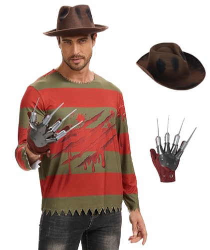 Hauarker Adult Halloween Costumes for Freddyy Mens Kruegerr Costume Striped Costume for Killer Cosplay Horror Costumes HR007M