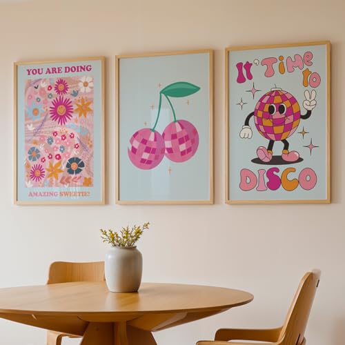 Image of NoWorries Retro Disco Wall Framed Painting Set | Cherry, Disco Art & Positive Quote Posters Frames | Premium 300 GSM Paper Print with Synthetic Wooden Frame | Aesthetic Wall Decor For Hotel,Cafe,Bar Living Room & Bedroom (Pattern-illustration) (Set of 3) (NATURAL, ART-4, 10X13INCHES)