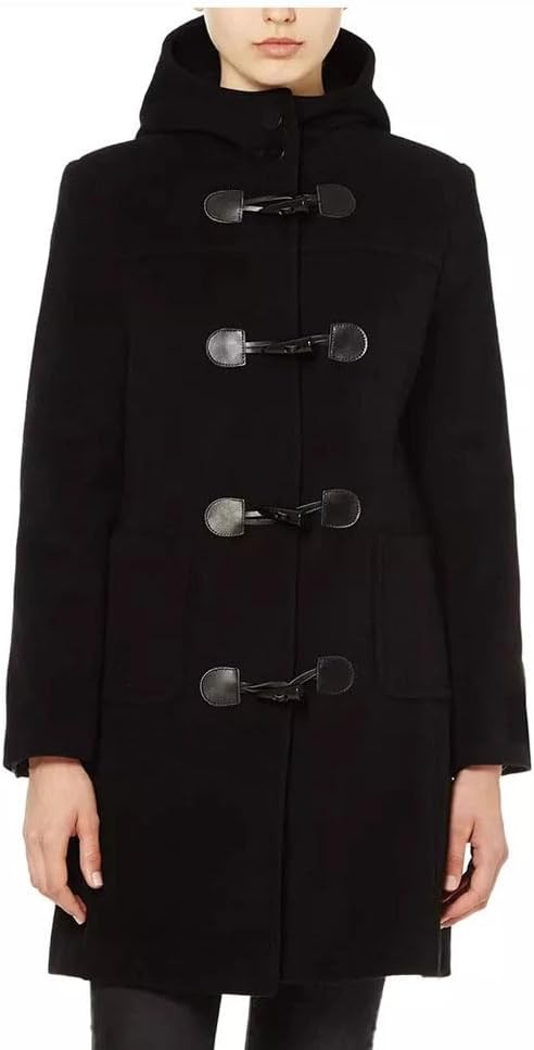 Women Classic Toggle Duffle Coat with Hood Jacket Winter Trench Coat Red & Black - Image 2