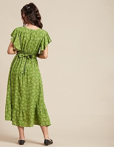 Image of Moomaya Women's Printed Dress, V-Neck, Short Sleeves, Ruffled Midi Summer Dress
