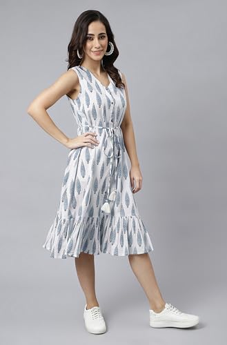 Image of Janasya Women's Cotton Ethnic Motifs Flared Western Dress