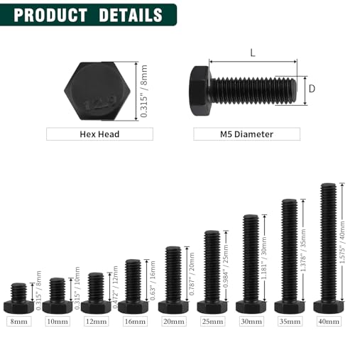 Image of M5-0.8 x 10mm Hex Bolts, High-Strength Metric Class 12.9 Steel Hex Head Screws for Valves Pumps Motors Automotive Suspension Systems, Black Oxide, Full Thread, 50-Pack