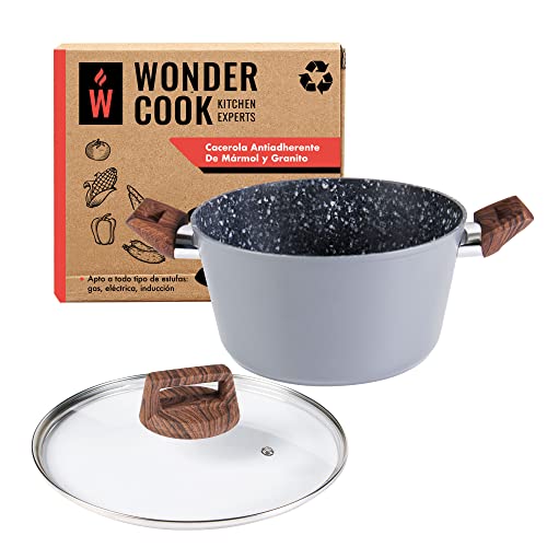 Wonder Cook Cacerola Antiadherente de Piedra Alemana de Marmol y Granito 24cm Libre de PFOA, Con Mango Antiderapante Asilante de Calor Color Madera Para Todo...