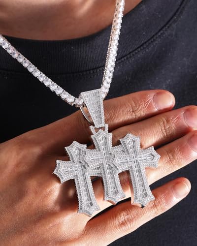 LuxeFlex Iced Out Baguette Diamond Cross Pendant, 14K Gold Plated Religious Three Stacked up Gothic Cross Necklace, Hip-Hop Jewelry for Men Women3