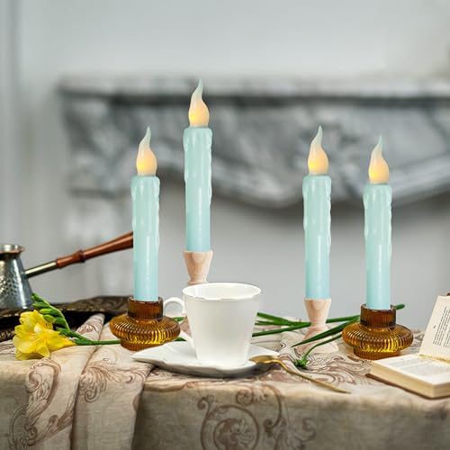 Image of Real Wax LED Flameless Short Taper Candles with Remote, 6.7 Inches Blue Candlesticks, Dripless Battery Operated Flame Rustic Primitive Flameless Spring Candles for Home, Pack of 4