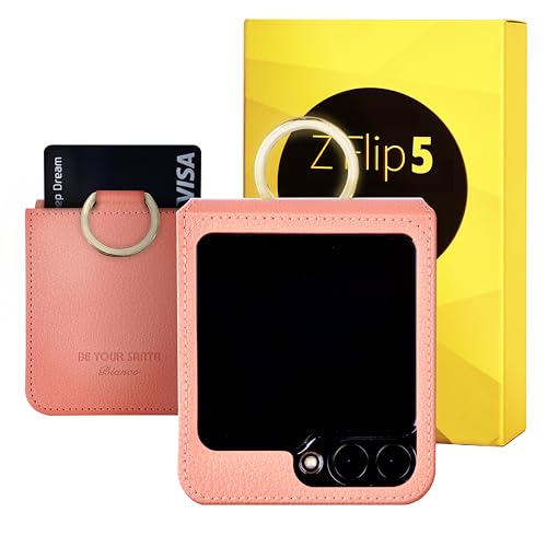 [BeYourSanta] Galaxy Z Flip 5 Case Bosco & Bianco with Card Holder, Camera Cover, and Hinge Protection - Italian Vegan Leather | Ring Holder, Wireless Charging (Coral Pink, Z Flip5 Bianco)