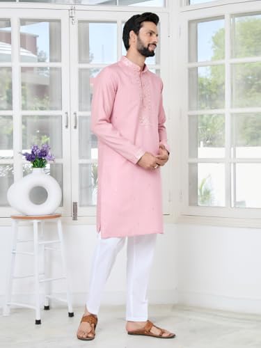 Image of See Designs Men's Full Sleeve Mandarin Collar Sequins Embroidered Chanderi Straight Long Kurta with Yoke Design - Festive Collection