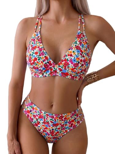 Image of Fanuerg Women's Sexy V Neck Bikini Sets Hollow Out Two Piece Swimsuits Cutout Mid Waist Bathing Suit