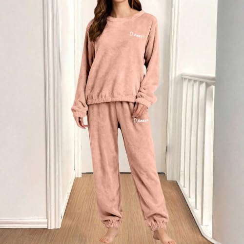 Pajamas for Women Set 2 Piece Cozy Flannel Pajama Soft Cute Lounge Sets Light Pink 2XL - image 3