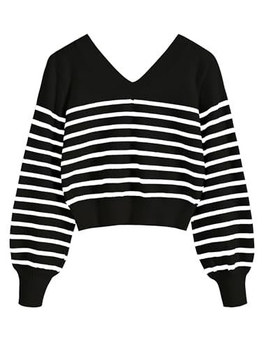 Image of ZAFUL Women's Cropped Sweater V-Neck Long Sleeve Pullover Jumper Knit Top | Crop Length, Ribbed Knit, Double V design, White sweater, Raglan sleeves, lantern sleeve, Fall & Winter, Loose fit, Oversized
