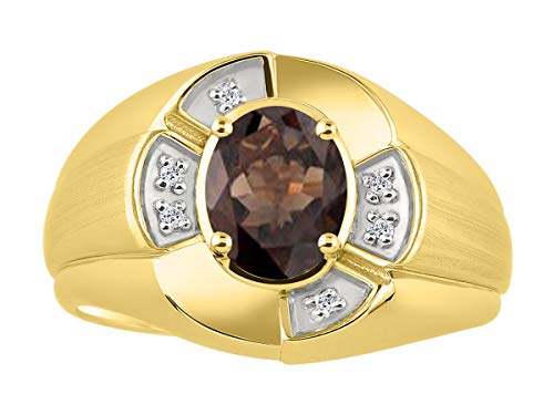 Image of Rylos Yellow Gold Plated Silver Men's & or Ladies Ring with 8X6MM Oval Gemstone & Diamonds - Unisex Color Stone Birthstone Ring Sizes 7-13