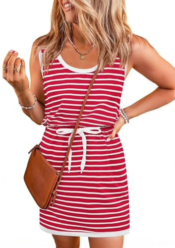 Image of Yousify Womens Summer Sleeveless Striped Dress Drawstring Waist Casual Tank Mini Dresses with Pockets