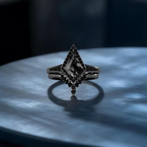 Natural Moss Agate Engagement Black Ring Set for Women Customizable 10K /14K /18K Gold Promise Wedding Stacking Rings Free Engraving Size 4-154