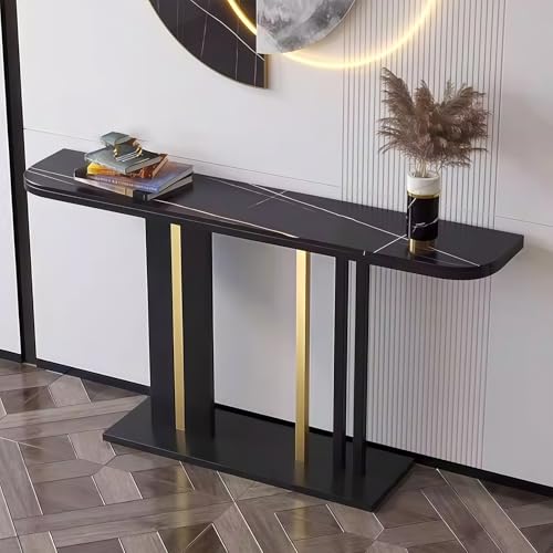 Moderna mesa consola de piedra sintética de media luna, mesa estrecha para entrada, sofá, sala de estar, pasillo y decoración de entrada (negro, 120 cm), diseño elegante que ahorra espacio
