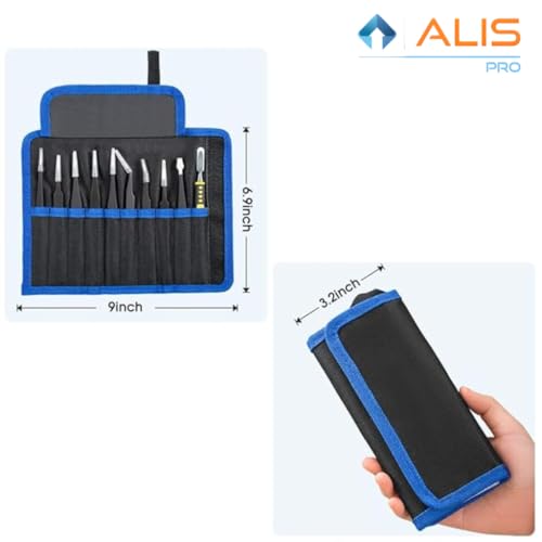Image of Alis 10 Pcs Precision ESD Tweezer Set Anti-Static Stainless Steel Tweezer kit for Craft, Jewelry, Electronics, Soldering, Repair Work with Storage Kit Bag