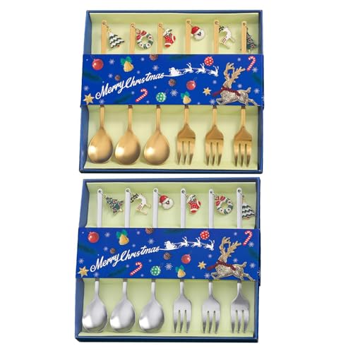 Juego de utensilios de Navidad, 6 piezas, de acero inoxidable resistente, cucharas, tenedores | Elegante juego de cubertería para, vacaciones, tartas, tenedores y cucharas