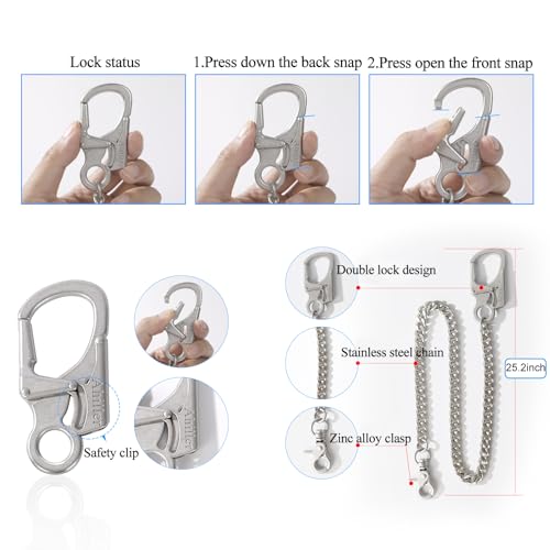 Ahiller Biker Wallet Chain, Heavy Duty Pocket Chain with Locking Design Carabiner, Men Chains for Keys, Jeans, Pants, Purse and Handbag (QK-Silver-2PCS)