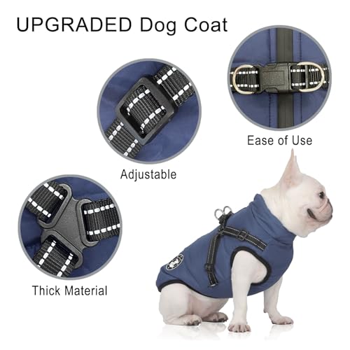 LUOWAN Hundemantel Wasserdicht, Hundemantel Französische Bulldogge, Warme Weste mit Hundegeschirr, Verschiedene Größen,Hundejacke für Kleine Hunde