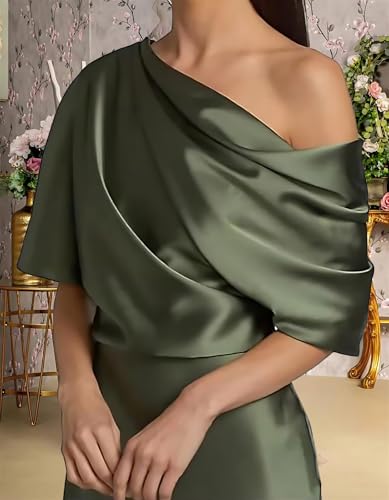 One Shoulder Satin Mother of The Bride Dresses for Wedding Mermaid Short Sleeve Long Mother of The Groom Dress3