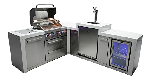 Mont Alpi MAi400-D90KEGBEV 90 Degree 32-Inch 4-Burner 78000 BTU Deluxe Stainless Steel Island Outdoor Kitchen Gas Barbecue Grill w/Wine Cooler Beverage Refrigerator & 3 Beer Tap Kegerator Dispenser