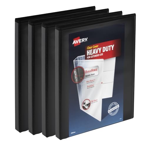 Image of Avery Heavy Duty View 3 Ring Binder, 0.5 inch One Touch Slant Ring, Holds 8.5 inch x 11 inch Paper, 4 Black Binders (79708)