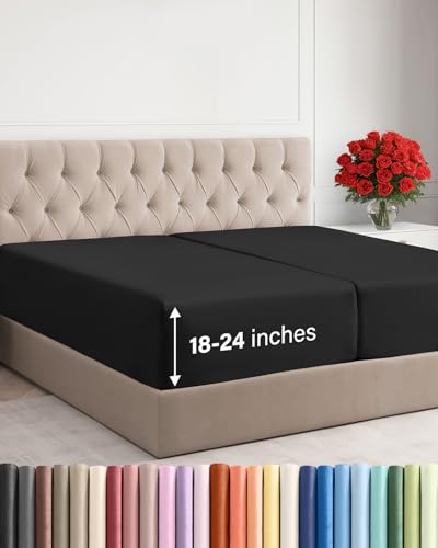 Image of Extra Deep Split King Fitted Sheet - Single Fitted Sheet Only - Black | Easily Fits 18 inch to 24 inch Mattress, Soft, Wrinkle Free, Breathable & Comfy, Extra Deep Pockets Hotel Luxury Fitted Sheet