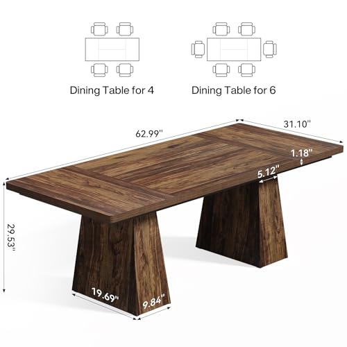Image of LITTLE TREE Dining Table for 4-6 People, Wooden Table, Rectangle Furniture with Heavy Duty Legs, Modern Kitchen Table for Home, Dining Room, Brown