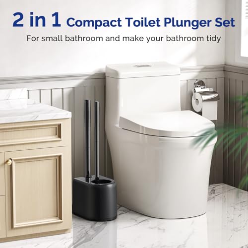 Image of HAMITOR Toilet Plunger Bowl Brush Combo：Heavy Duty Rubber for Drain Clog Remover - Curved Design Bristles for Deep Cleaning Under Rim - Compact Bathroom Cleaning Tools for New Homet Essentials - Black